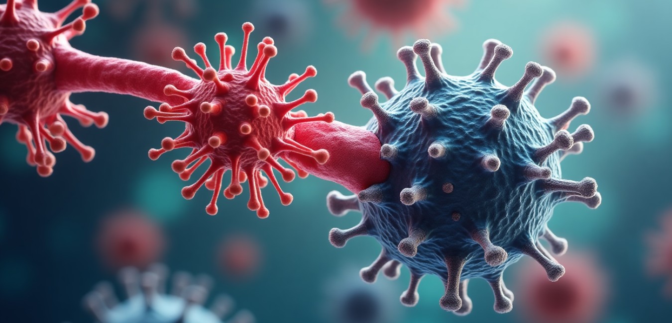 Artystyczna wizualizacja molekuły rupatadyny oddziałującej na komórki nowotworowe, przedstawiona w stylu retro ilustracji medycznej.